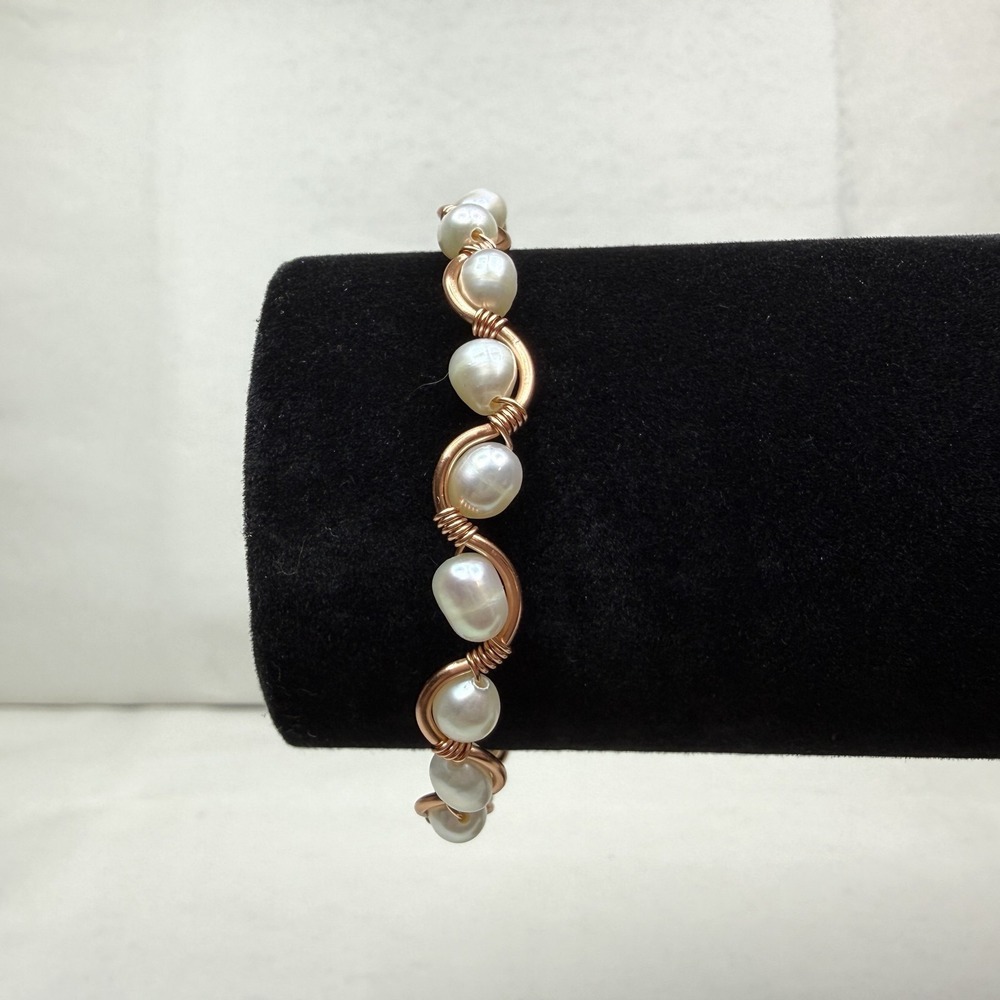 Handcrafted Copper Wire Wrapped Freshwater Pearl Bracelet Artisan Jewelry